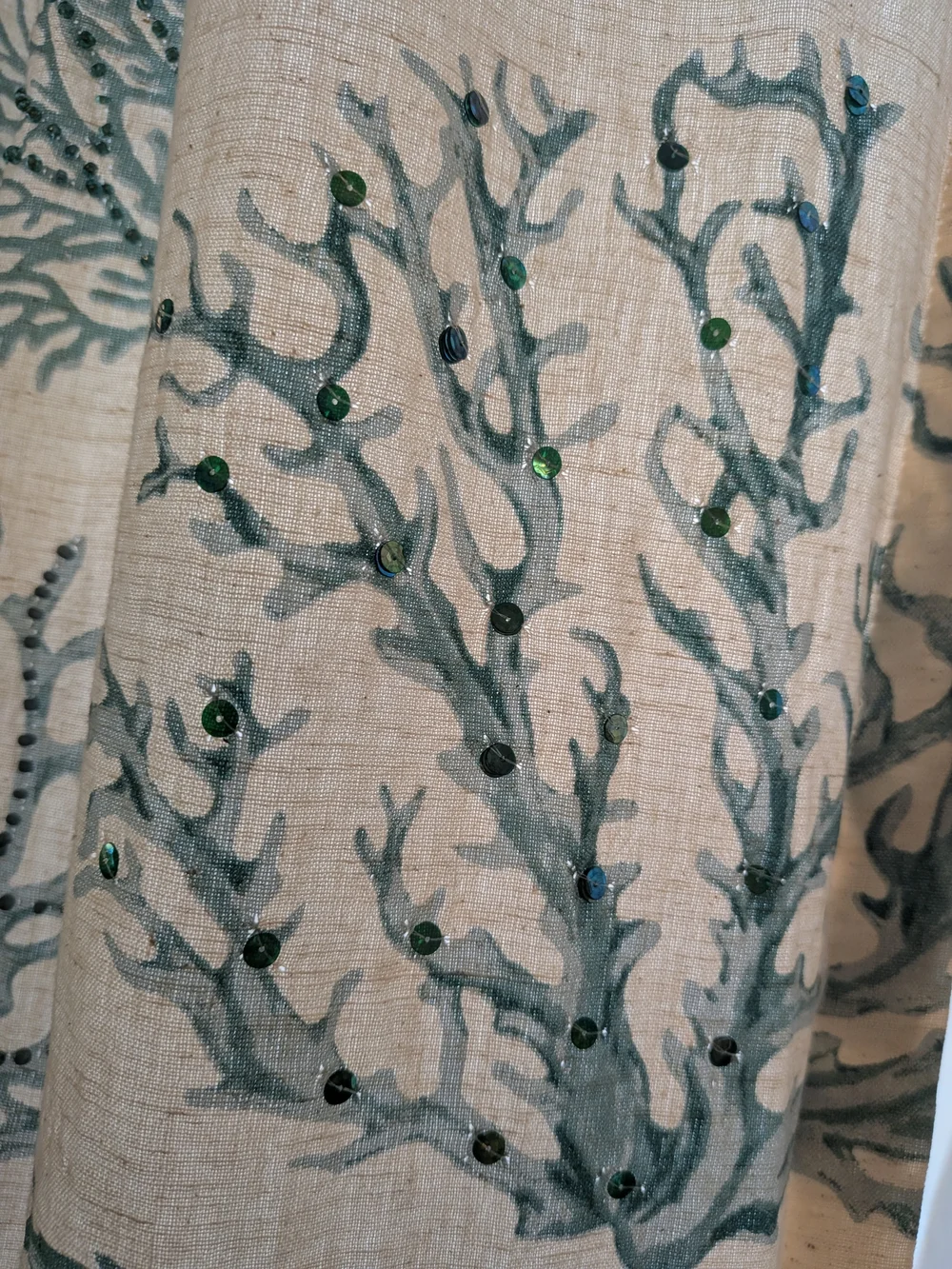 Pier 1 Coastal Beaded & Sequined Coral Curtain Panel Linen Blend Blue White